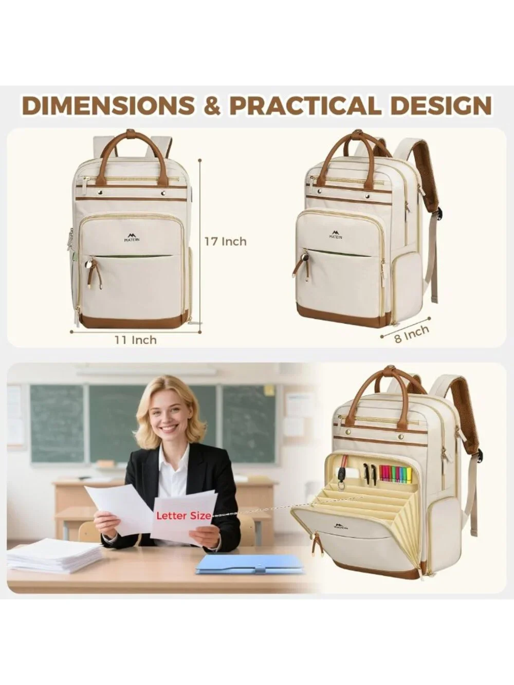 Stylish Teacher Backpack with Lunch Compartment, Fits 15.6